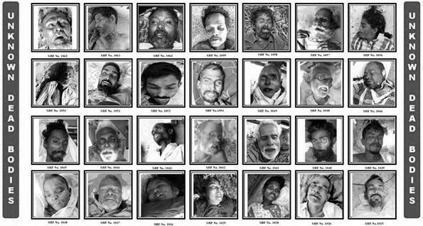 Fig. 1 : Capture d’écran d’une liste de portraits en noir et blanc de corps morts non identifiés, publiée dans le journal de la Satya Harishchandra Foundation. Briand Antoine, Hyderabad, 2019
