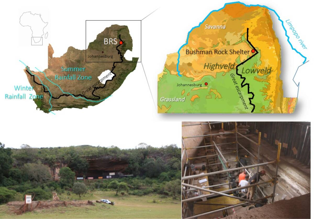 Fig.1 : En haut: location du site de Bushman Rock Shelter avec les zones de précipitation et les biomes. En bas à gauche : vue sud de l’abri. En bas à droite : zone de fouille.