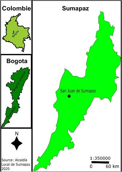 Fig. 1 : Croquis. Localisation de San Juan, le « centro poblado », un hameau du Sumapaz, territoire rural de 780 km2 appartenant à Bogota, capitale de la Colombie.