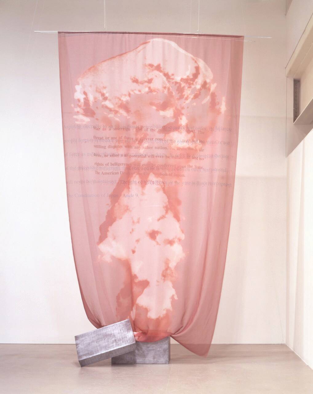 Fig.1 : Yanagi Yukinori, The Forbidden Box, 1995, sérigraphie sur voile de nylon, boîte en plomb, tissu 518 x 300 (cm), boîte en plomb 60 x 90 x 60 (cm) ©︎ YANAGI STUDIO