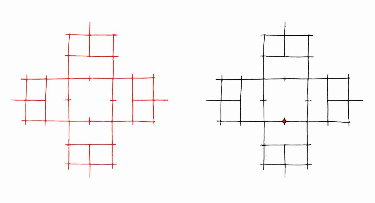 Fig.3 : Construction du dessin sur sable L’eau du myzomèle cardinal, phase 1 : traçage des « piquets » (gauche) et identification de la « souche » du dessin (droite). Reconstruction graphique par l’auteur.