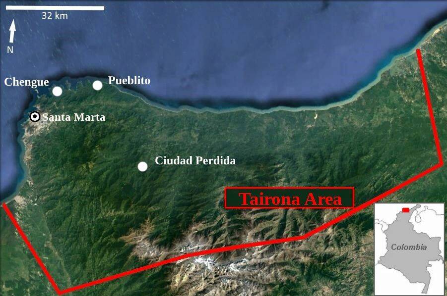 Fig 1 : Localisation des sites de Chengue, Pueblito et Ciudad Perdida dans l'Aire Tairona en Colombie